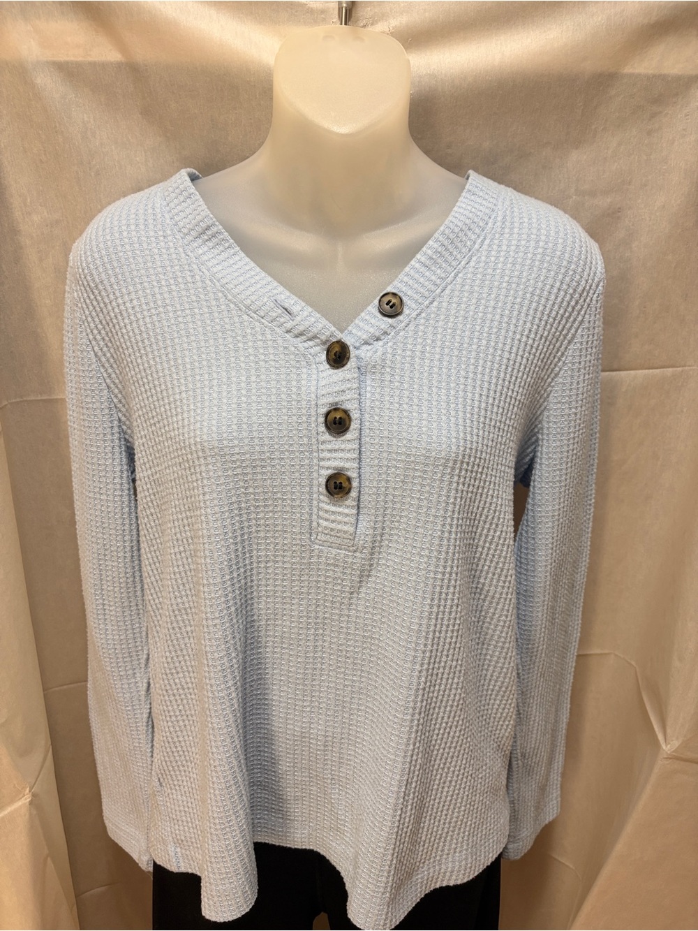 LOFT Light Blue Waffle V-Neck Henley Sweater